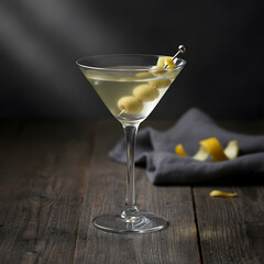 Classic Martini Cocktail with Olives on Dark Background