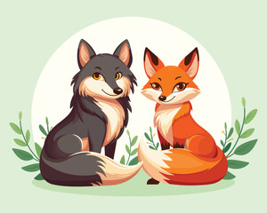 Cute and elegant forest fox and wolf sit together calmly, surrounded by green plants. Flat style cartoon vector illustration suitable for wildlife, forest animals, or eco-friendly design projects