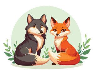 Cute and elegant forest fox and wolf sit together calmly, surrounded by green plants on white background. Flat style cartoon vector illustration for wildlife, forest animals, or eco-friendly designs