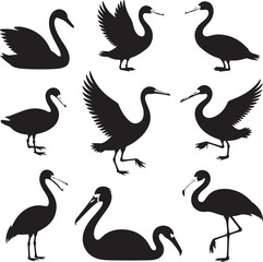 Obraz premium Collection of black bird silhouettes including swans cranes and flamingos swan silhouette crane silhouette