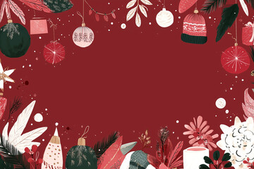 Festive Christmas ornament border with pine branches and red holiday background for greeting cards