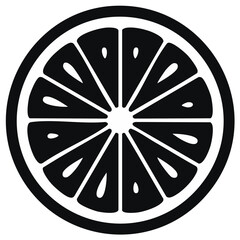 Graphical representation of a citrus fruit slice showing segments and seeds in black and white