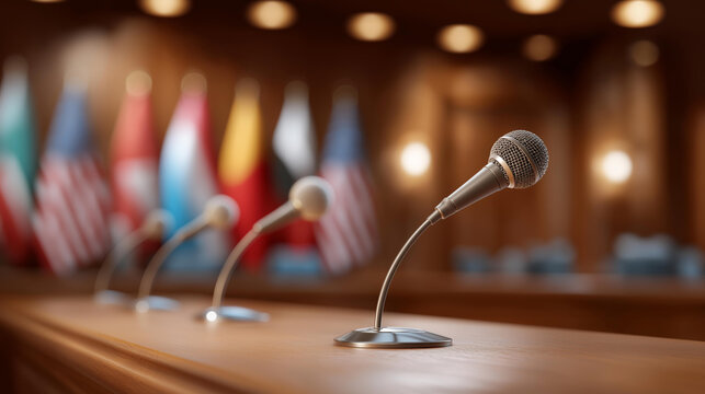 Podium microphones in an assembly chamber, global trade diplomatic forums, economic diplomacy in negotiation halls, international relations through international speeches, cross-bo