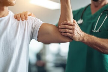 Medical professional assisting male patient in arm mobility exercises during physical therapy session in a modern rehabilitation clinic with natural light.