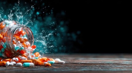 A medicine jar has spilled its colorful pills across a dark surface, the vivid colors and dynamic motion evoking themes of health, attention, and caution in the visuals.