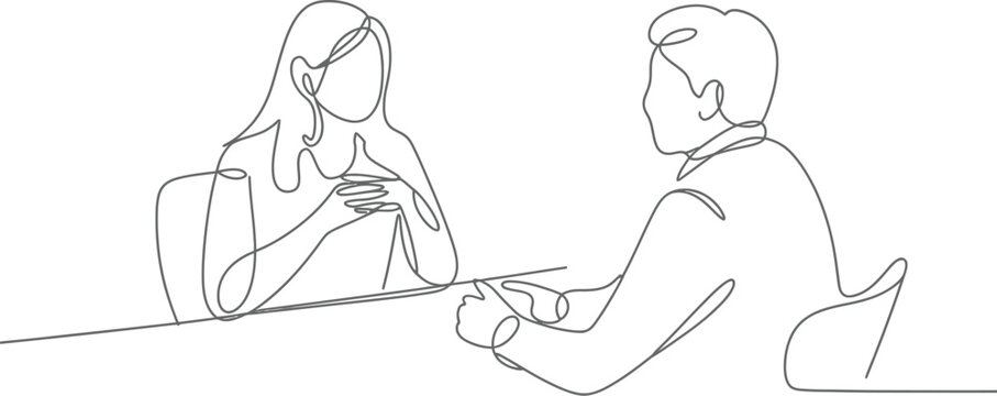 Continuous line drawing of a business meeting with a man and a woman isolated on white background