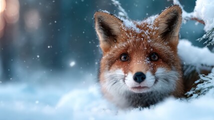 Obraz premium A gorgeous red fox with snow gently falling around it, camouflaged in the winter landscape, elegantly portraying the beauty of wildlife in a serene snowy environment.
