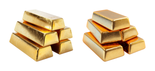 Luxurious stacks of gleaming gold bullion bars, symbolizing wealth and prosperity, rendered with a realistic metallic sheen and dramatic lighting, ideal for finance and luxury concepts PNG set with...