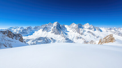Naklejka premium Snowy mountain range beneath crisp blue sky, showcasing majestic peaks and serene landscape