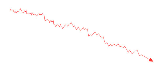 Stock market decline concept. Red arrow indicating negative market fall. Up and down zig zag long red line arrow. 