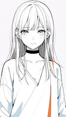 A black and white anime drawing of a person with long straight hair, big eyes, and a calm face