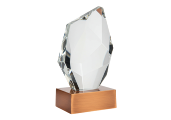 Isolated clear faceted crystal prize trophy on wood base, modern design award object