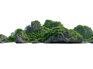 Lush green rocky islands isolated on a transparent background