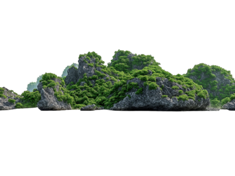 Lush green rocky islands isolated on a transparent background
