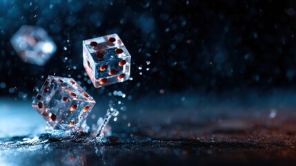 A captivating moment as translucent dice splatter onto a sleek surface, sending droplets flying, embodying excitement and chance in an artistic display of spontaneity.