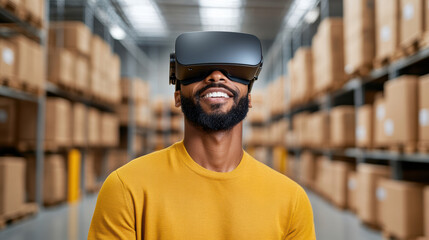 Immersive virtual reality experience in warehouse setting with smiling man wearing VR headset
