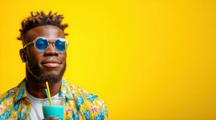 A stylish man with sunglasses smiles while holding a refreshing blue drink against a bright yellow background, showcasing the essence of summer and joy.