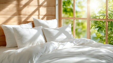 A serene bedroom scene featuring plush white pillows and soft bedding, accentuated by warm natural light streaming through large windows, inviting relaxation and comfort.