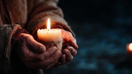 A pair of aged hands tenderly hold a lit candle, radiating warmth and light in a darkened environment, symbolizing hope, faith, and the enduring spirit of humanity.