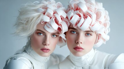 Futuristic twins display striking hairstyles adorned with delicate floral patterns, presenting a captivating blend of technology and beauty in a serene, artistically minimalistic setting.