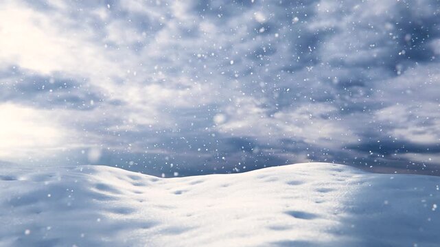 Winter snowfall over snowy landscape covered in snow. Snowflakes falling in endless seamless loop.