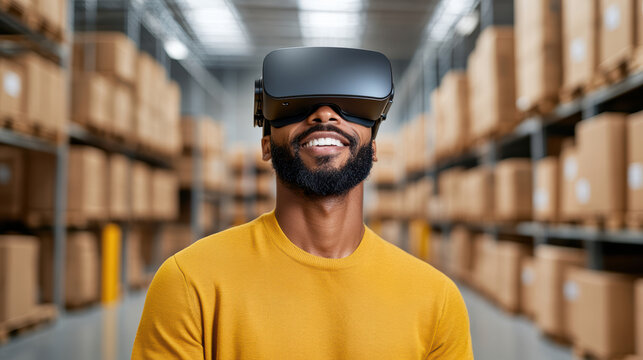 Immersive virtual reality experience in warehouse setting with smiling man wearing VR headset