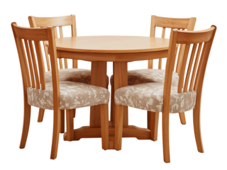 Wooden round dining table with four chairs isolated on a transparent background