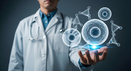 Cutting-edge healthcare professional presenting innovative cell research breakthrough for medical advancements and pharmaceutical solutions with confident expertise