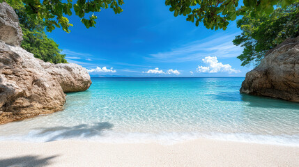 Serene tropical beach cove features clear turquoise waters, soft white sand, and large rocky