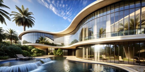 A luxurious modern villa with a large swimming pool, surrounded by dense tropical vegetation and overlooking a scenic mountain range