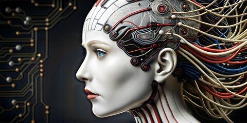 A detailed illustration of a woman with intricate wiring and circuitry highlighting the seamless blend of human and machine components