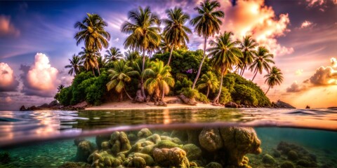 Sunset over a tropical island with palm trees and colorful underwater corals