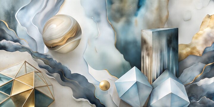 Mystical fusion of golden geometric shapes and floating planets in a soft abstract cosmic landscape