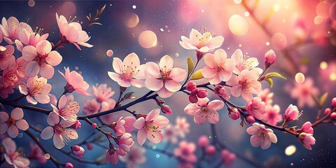 Vibrant cherry blossom petals illuminated by soft pastel lights creating a dreamy spring fantasy background
