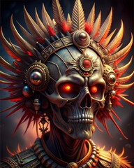 Cyberpunk skull with glowing red eyes and ornate feathered headdress in futuristic digital art
