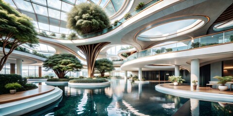 Futuristic indoor atrium with curved balconies lush greenery and reflective water pools in modern architecture