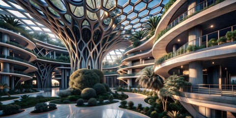 Futuristic eco-architecture with organic tree-like structures and lush greenery in a modern atrium