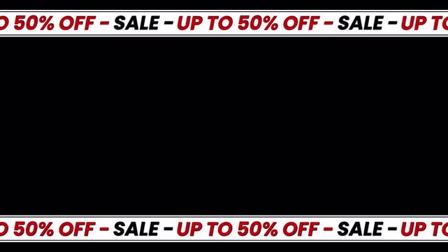 Animated Sale up to 50% off banner with moving red ribbon – seamless loop on transparent background for promo, advertising, and discount videos.