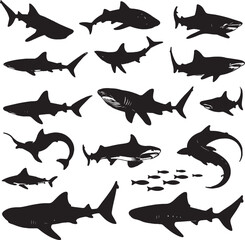Diverse Shark Silhouettes in Various Poses black white background