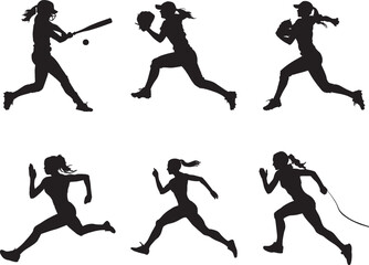 Female Athletes Running And Playing Baseball Silhouettes