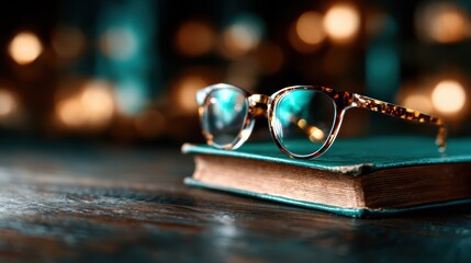 A stylish pair of glasses resting on a vintage book, symbolizing knowledge, reading, and the elegance of scholarly pursuits in a softly lit, atmospheric environment.