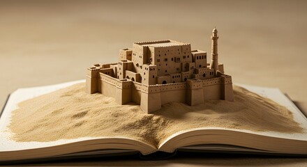 A diorama book with Al Zubarah Fort rising from sandy pages