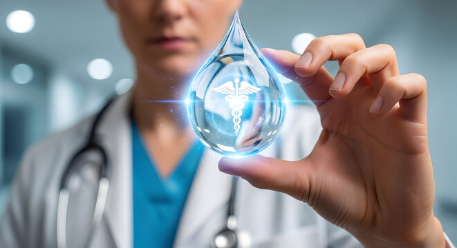 Healthcare professional presenting advanced medicine concept with glowing caduceus symbol in water droplet, symbolizing hope and innovation for a healthy future - Powered by Adobe