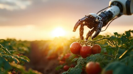 A robotic hand plucking ripe tomatoes at sunset, symbolizing the blend of technology and agriculture. The image portrays innovation and progress in modern farming practices.