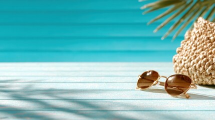 A pair of round sunglasses rests on a tranquil blue wooden table, evoking feelings of relaxation, summer vibes, and stylish beach aesthetics.