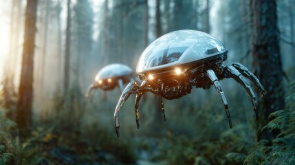 These futuristic robotic spiders glide through a misty forest, showcasing advanced technology blending seamlessly with serene natural surroundings for a captivating visual experience.