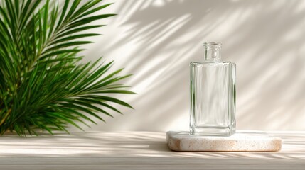 A minimalist composition featuring a clear glass bottle placed on a marble slab, complemented by lush tropical foliage casting gently weaving shadows against a neutral background.