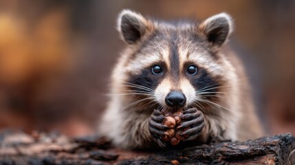 A close-up of a curious raccoon clutching nuts, positioned on a rustic log, capturing the playful and inquisitive nature of wildlife among autumnal foliage backgrounds.
