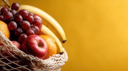 A vibrant array of fresh fruits beautifully displayed in a natural woven basket against a vivid yellow background, celebrating nature's bounty and healthy lifestyle.