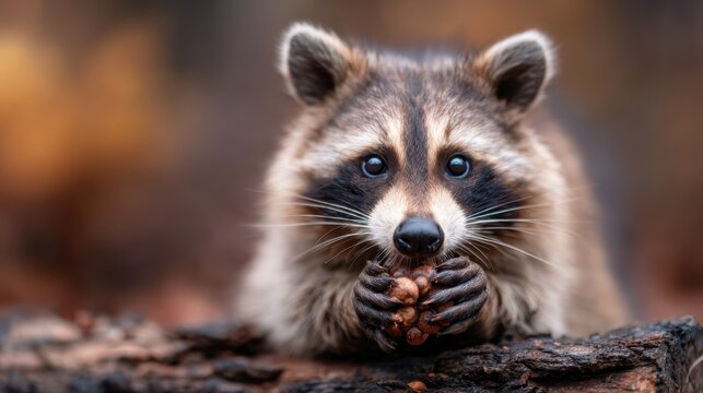 A close-up of a curious raccoon clutching nuts, positioned on a rustic log, capturing the playful and inquisitive nature of wildlife among autumnal foliage backgrounds.